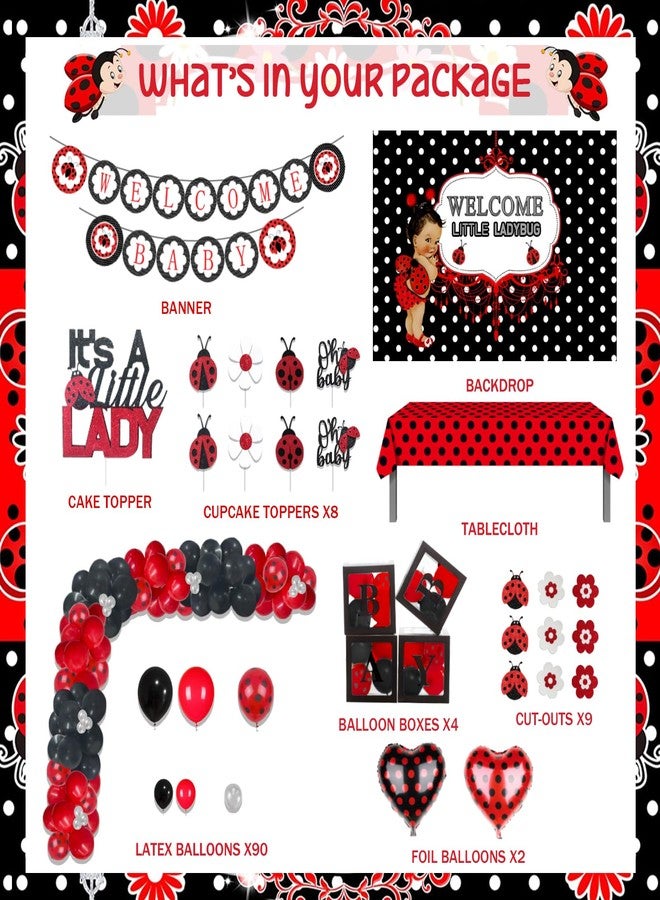 Fiesec 125 PCs Ladybug Baby Shower Decorations, Fiesec Ladybug Baby Shower Supplies Welcome Little Ladybug Backdrop Balloon Garland Banner Tablecloth Cake Topper Walking Balloon Polka Dots Heart Flower - Image 2